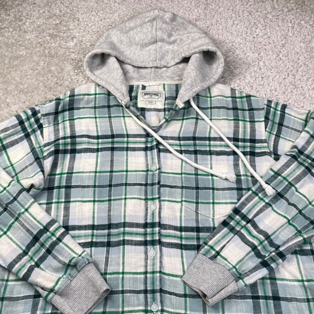American Eagle Cozy Cabin Hoodie Flannel Shirt Green Plaid Womens Medium - Picture 6 of 8
